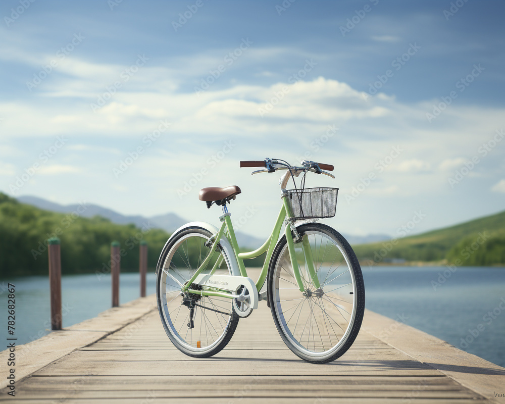 Fototapeta premium A hyper-realistic render of a bicycle in a scenic landscape, the cycle path stretching ahead, isolated on a path to wellness background, showcasing cycling as a fun and eco-friendly component
