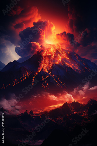 Crater's Mouth: The ominous silhouette of a volcano's crater, glowing with the promise of eruption, rendered against a caldera's breath background, symbolizing the latent danger within, photo
