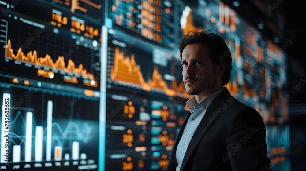 Businessman Analyzing Financial Data on Large Digital Display - Concept of Data-Driven Decision Making and Strategic Business Insights Businessman Analyzing Financial Data on Large Digital Display - Concept of Data-Driven Decision Making and Strategic Business Insights