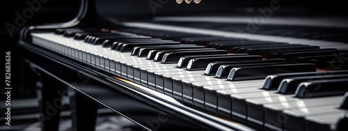Close-up of the black piano keys, their ebony and ivory in stark contrast, rendered against a soulful depth black background, highlighting the emotional depth that the piano can evoke,