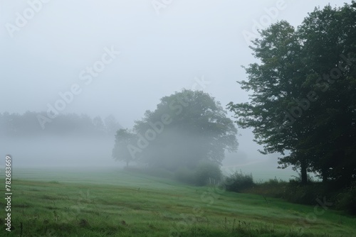 Misty forest landscape at dawn