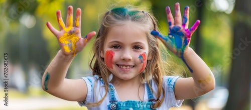A young girl with hands covered in paint joyfully lifts them up in the air