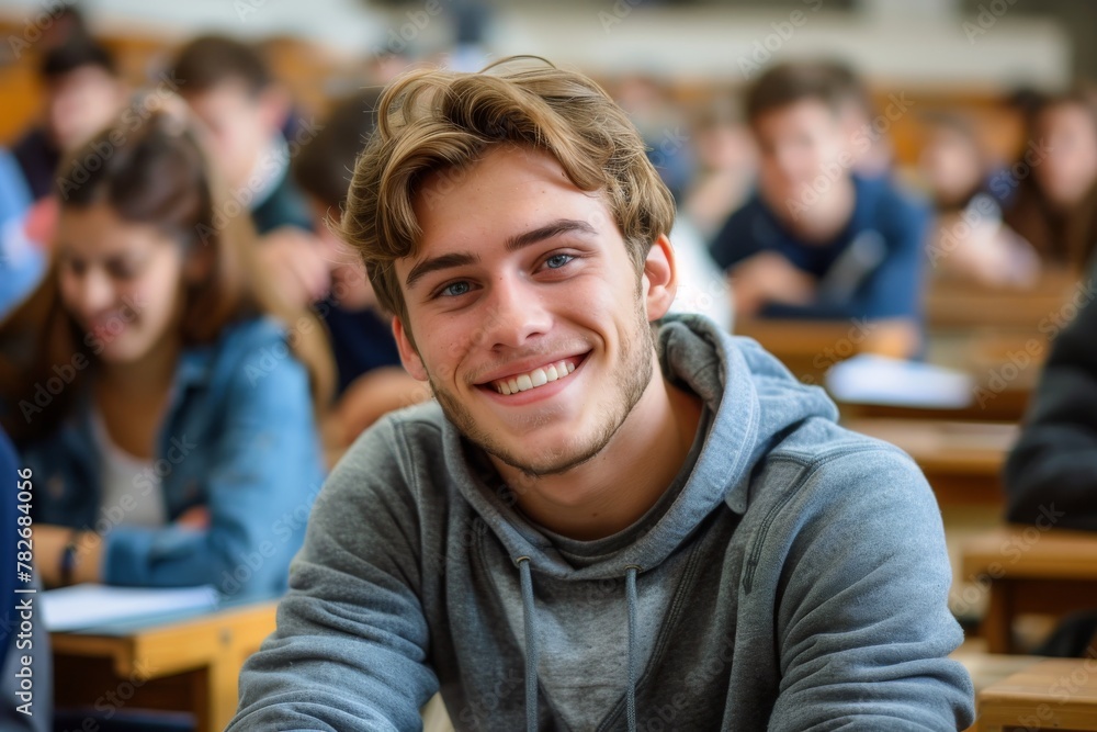 Happy student smiling in a bright classroom Happy student smiling in a bright classroom