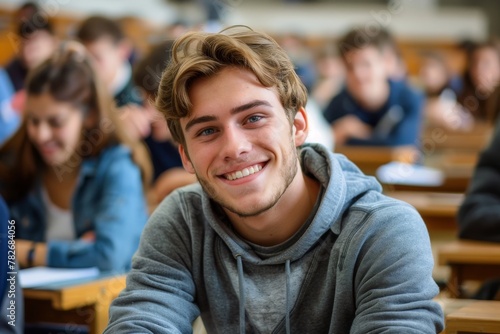 Happy student smiling in a bright classroom