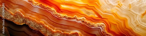 A close-up of a sunlit agate slice with vibrant bands of color and detailed textures. Banner. Background.