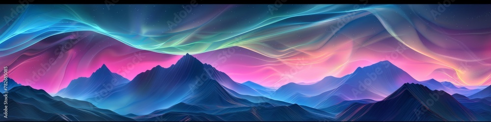 Obraz premium M. Banner.ountain range in the background, with wavy northern lights painting the sky