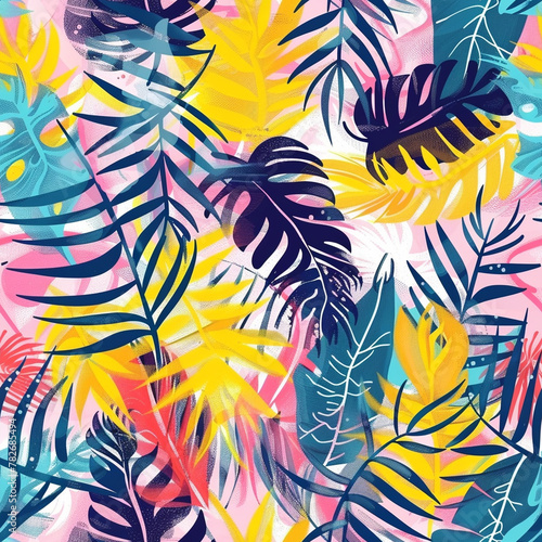 Vector style cute tropical leaves pattern with colorful background, Generative AI 