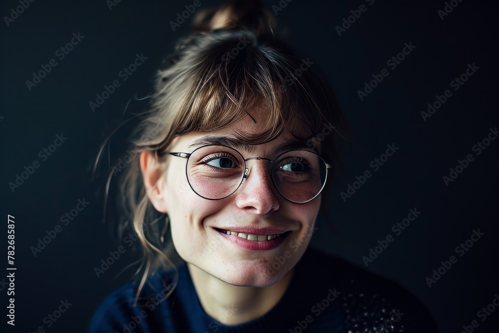 Portrait of a beautiful young woman in glasses on a dark background Portrait of a beautiful young woman in glasses on a dark background