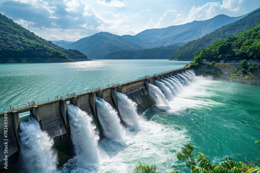 Impressive dam on background of mountains and hills