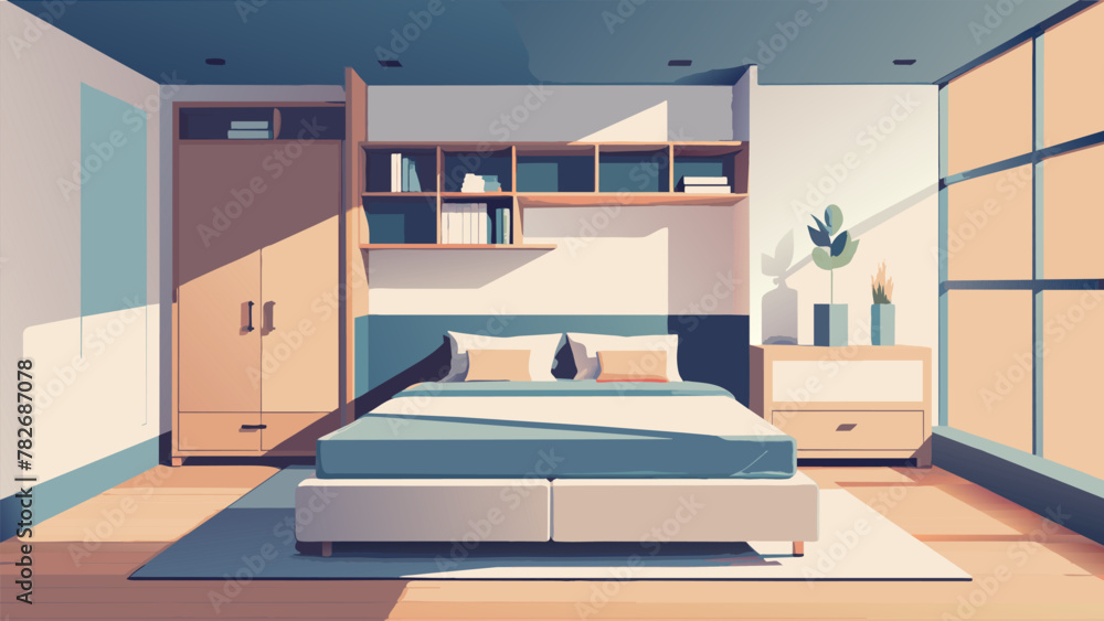 A bedroom with a platform bed and a builtin storage unit maximizing the use of space while providing ample storage for personal belongings. The A bedroom with a platform bed and a builtin storage unit maximizing the use of space while providing ample storage for personal belongings. The