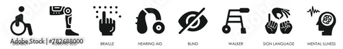 Set of 8 flat icons related to disability, disabled people.