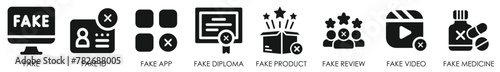 Set of flat icons related to fake. Abstract icon collection of fake materials.