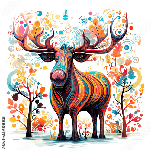A whimsical scene in a forest where a cartoon moose happily paints vibrant swirls with its tail  isolated on transparent background.