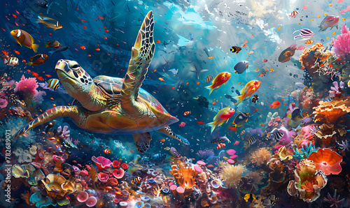 turtle with group of colorful fish and sea animals with colorful coral underwater in ocean. Generative Ai © Handz