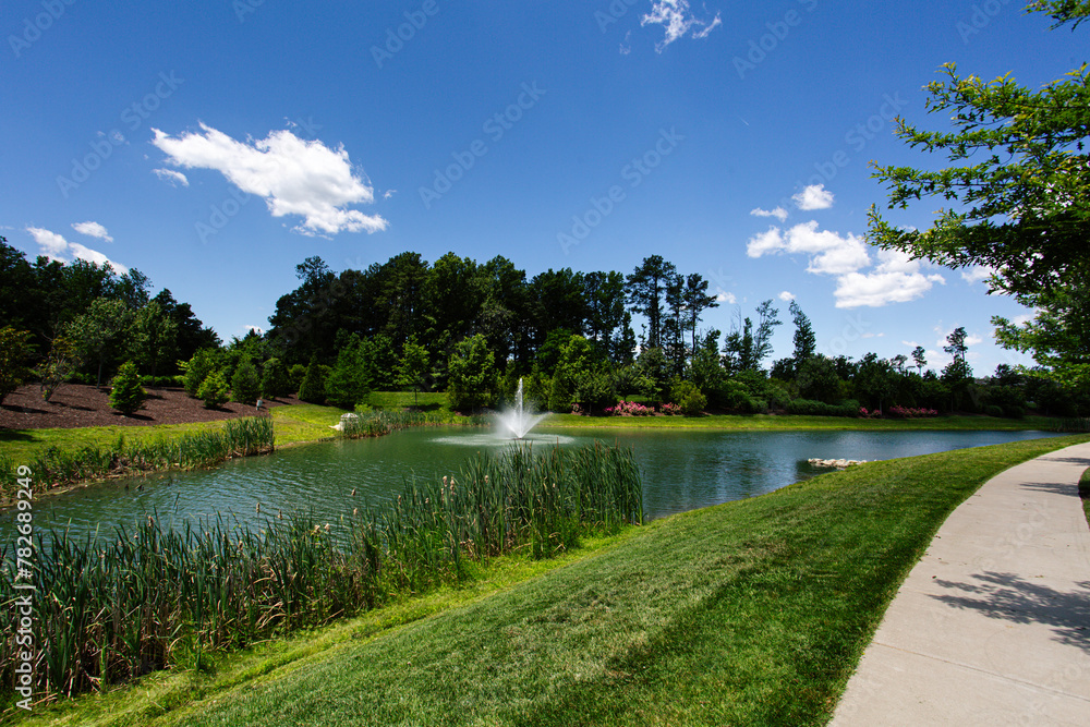 Refreshing Curved Walkway Alongside a Landscaped Pond with A Water Feature Surrounded by Greenery on A Sunny Day