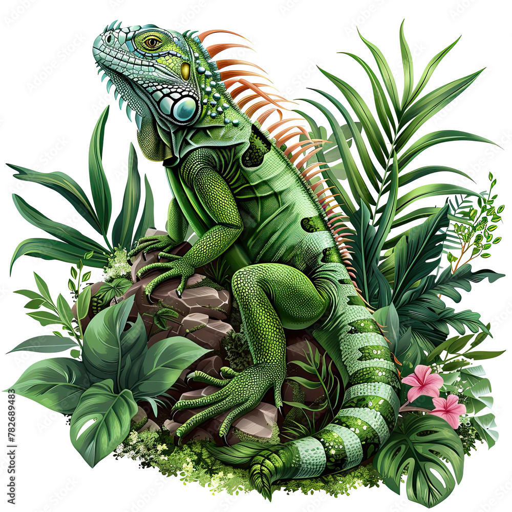 Obraz premium A lizard perched on a stone among greenery and flowers in a natural setting Isolated on transparent