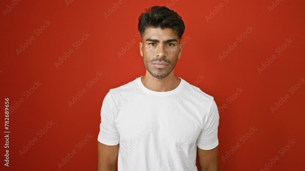 Handsome hispanic man with beard in white shirt posing against red wall Handsome hispanic man with beard in white shirt posing against red wall
