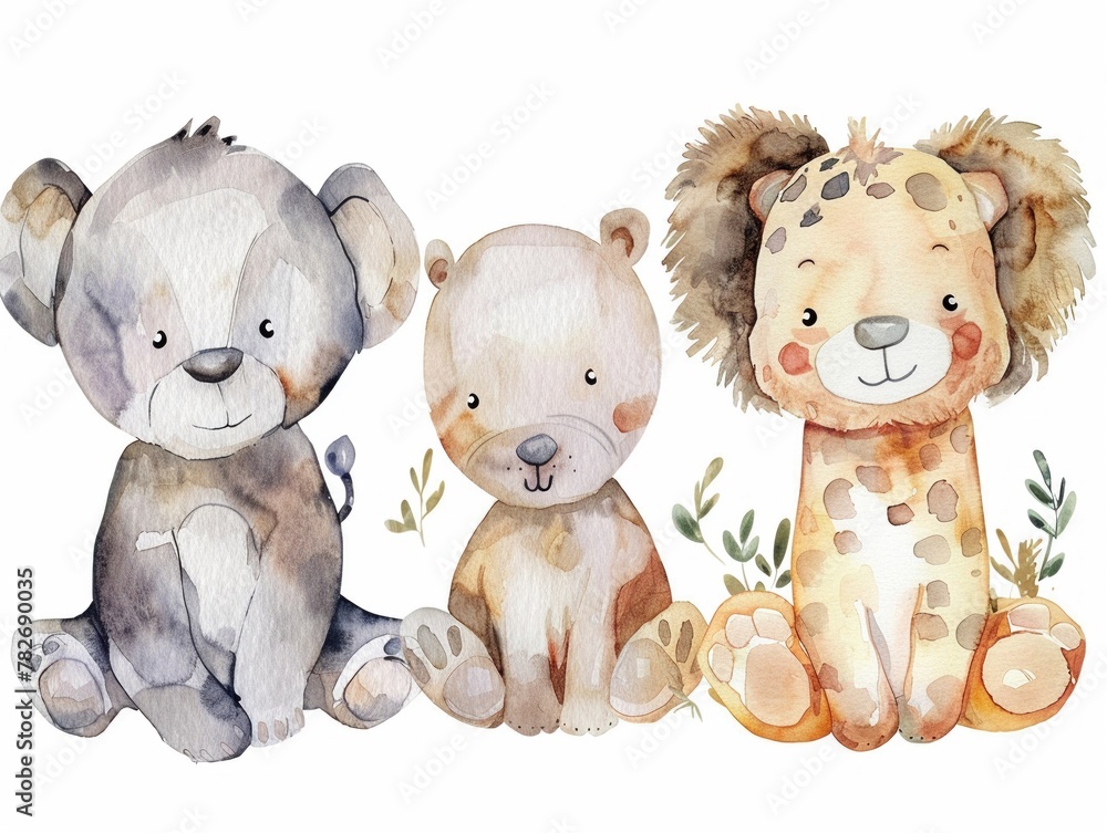 Fototapeta premium Adorable baby animal stickers in watercolor soft fur