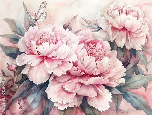 A watercolor painting of pink peonies with a delicate butterfly