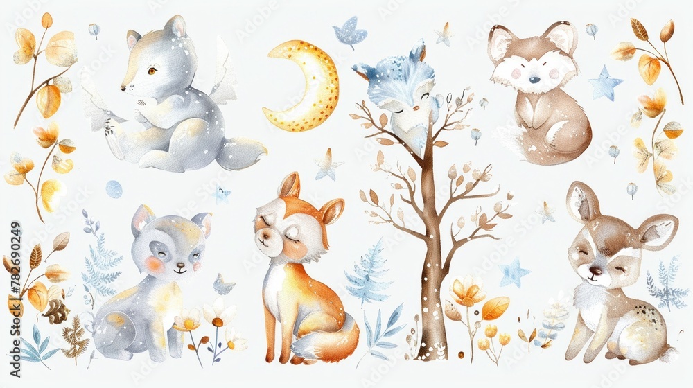 Naklejka premium Dreamy night animal stickers in watercolor moonlit scenes