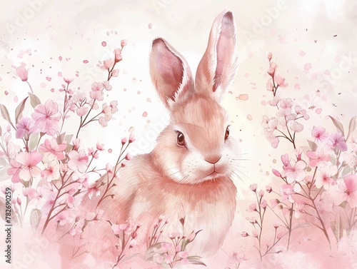 Dreamy watercolor illustration of a bunny among pink flowers