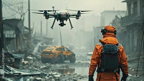 person search and rescue gear operates drone amidst urban post-disaster ruins, with a rescue vehicle nearby. photo