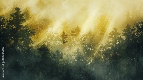 Glimmering gold sun rays piercing through a misty forest