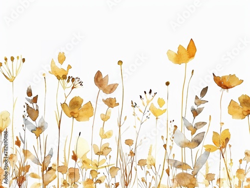 Gold watercolor meadow with swaying wildflowers