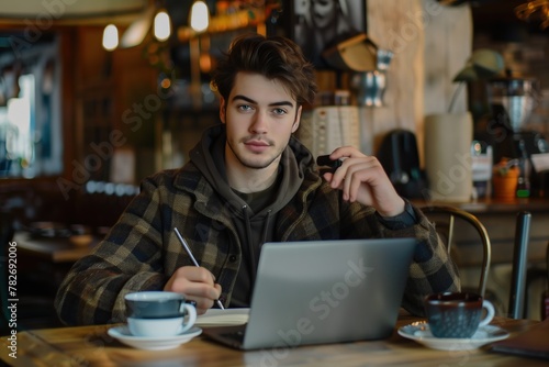 Young man with coffee sitting at work on a laptop running a business or blog there