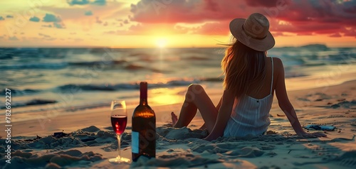 A girl in a hat sits on the sand on the beach with a bottle of wine and a glass of wine next to her