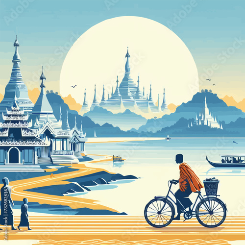 Free vector Asean scenery country background of myanmar with pagoda sea while monk on pilgrimage woman ride bicycle