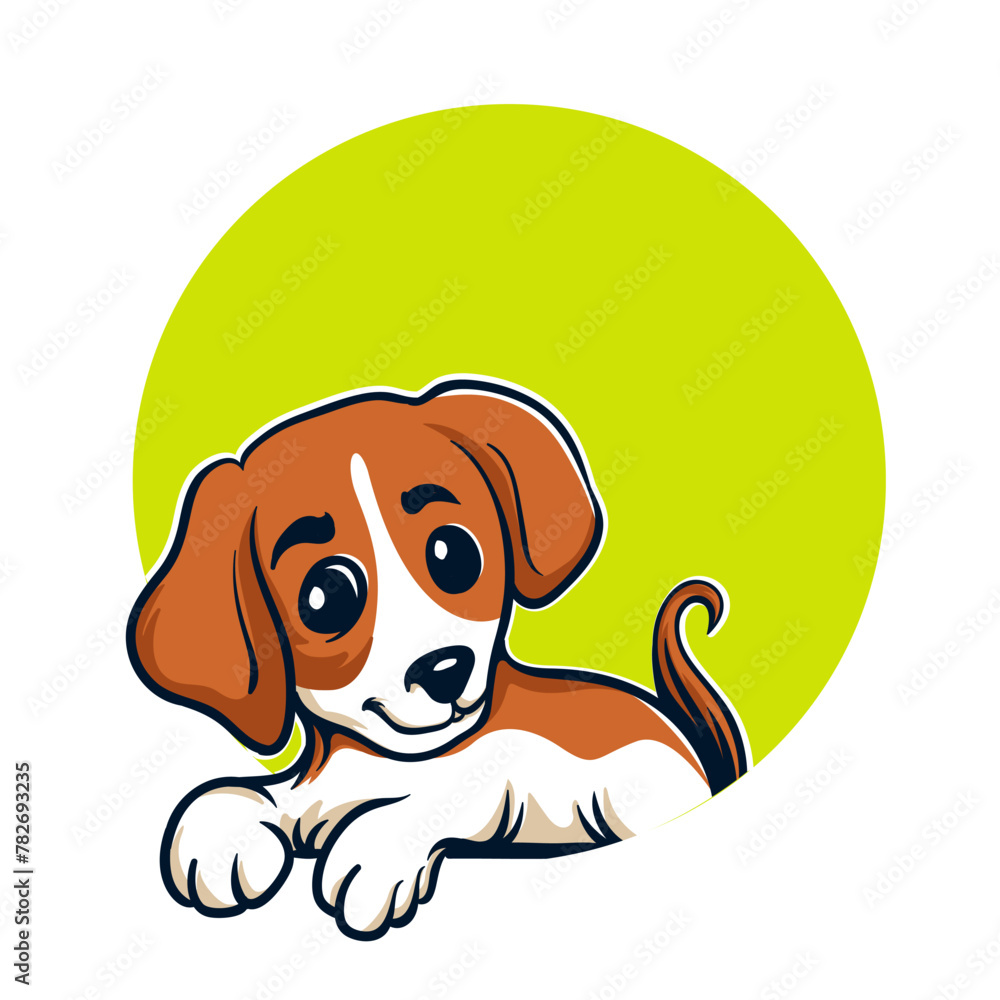 Puppy Beagle in a collar on a yellow background. 