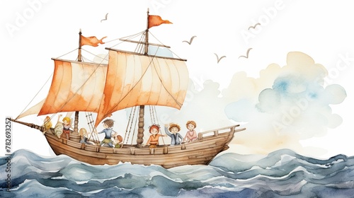 Pirate ship sailing the vast ocean watercolor photo