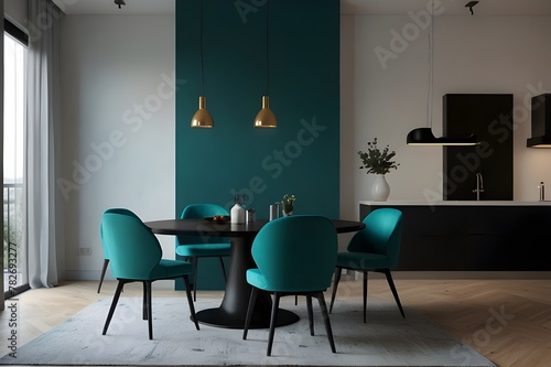 Meeting area or diningroom with large black round table and teal cyan chairs. Empty wall turquoise azure paint color accent. Dinning modern kitchen interior home or cafe. Mockup for art photo