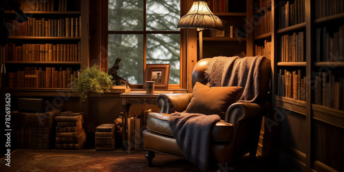 A cozy reading corner with built-in bookshelves, a comfortable armchair, and a vintage lamp.