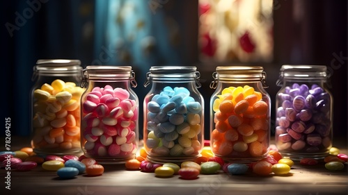  A photorealistic depiction of three glass jars, each filled with a variety of colorful candies. The scene should showcase the transparency of the glass, the vibrant colors of the candies, and the pla