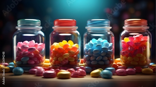 A photorealistic depiction of three glass jars, each filled with a variety of colorful candies. The scene should showcase the transparency of the glass, the vibrant colors of the candies, and the pla