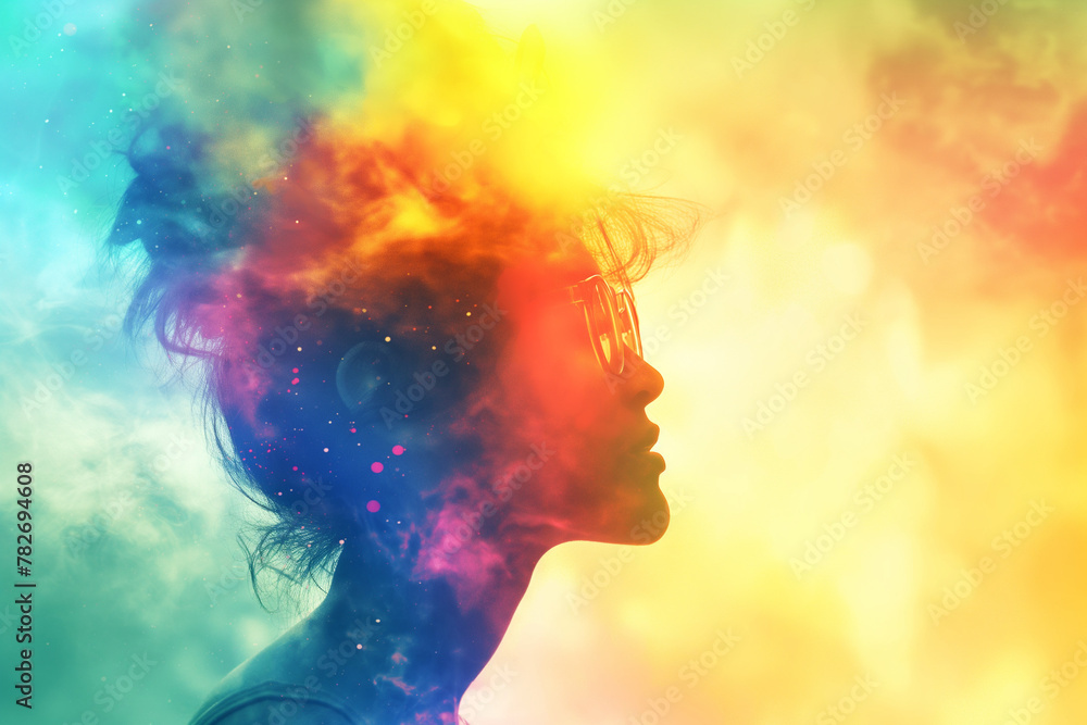 Woman with Cosmic Rainbow Effects, Dreamy LGBTQ+ Concept