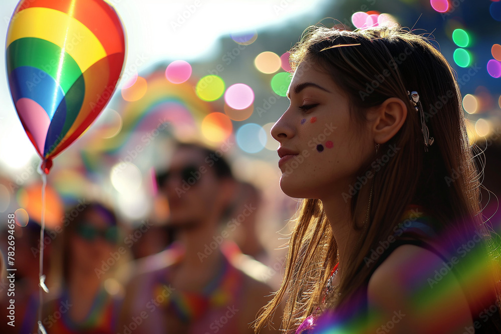 Young Woman with Balloon at LGBTQ+ Event, Pride and Joy Young Woman with Balloon at LGBTQ+ Event, Pride and Joy