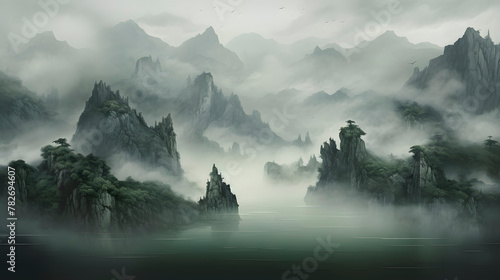 Digital traditional Chinese ink painting landscape map abstract graphic poster web page PPT background