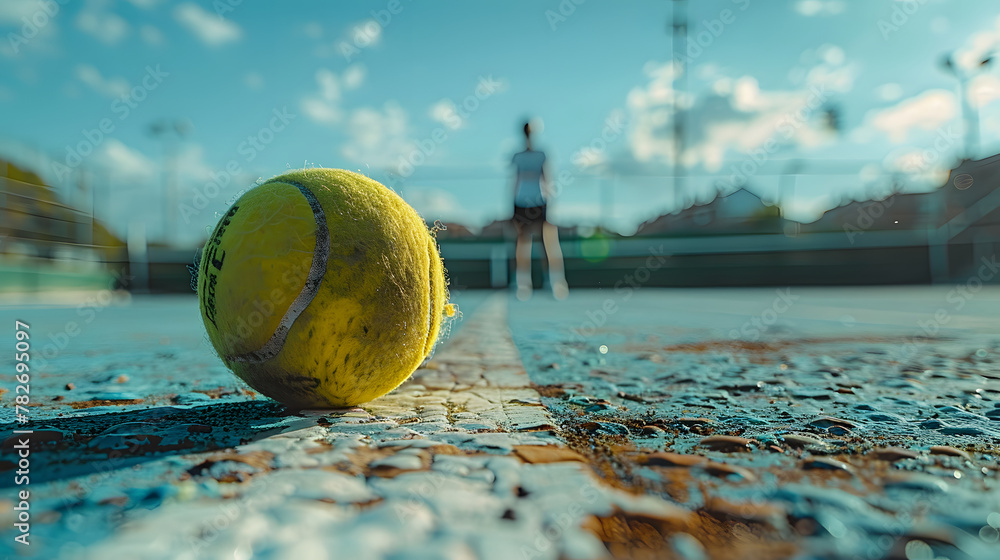 A tennis ball on the ground, with a person's legs and feet in the frame