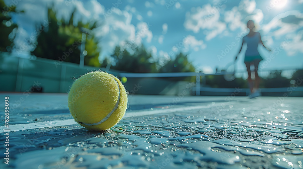 A tennis ball on the ground, with a person's legs and feet in the frame