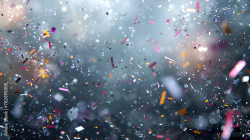 Dynamic Confetti Explosion in Cool Tones, Festive Grey Background with Copy Space photo