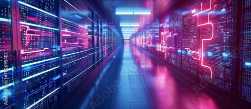 The image showcases a lengthy hallway packed with numerous rows of servers for data storage and processing © LukaszDesign