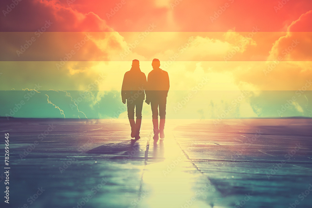 Couple Walking Hand in Hand, Rainbow Horizon, LGBTQ Equality Journey