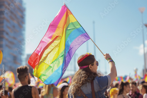 Woman Waving Rainbow Flag, Sunny Pride Parade, LGBTQ Empowerment © Vasilina FC