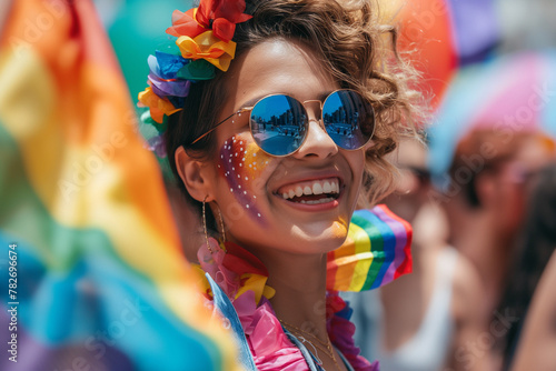 Joyful Participant in Pride Event, Wearing Rainbow Accessories