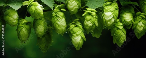 Green ripe hop cones on plantation on blurred background. Brewery and Oktoberfest concept. Herbal natural medicine. Hops agriculture. Backdrop for banner, poster, card with copy space