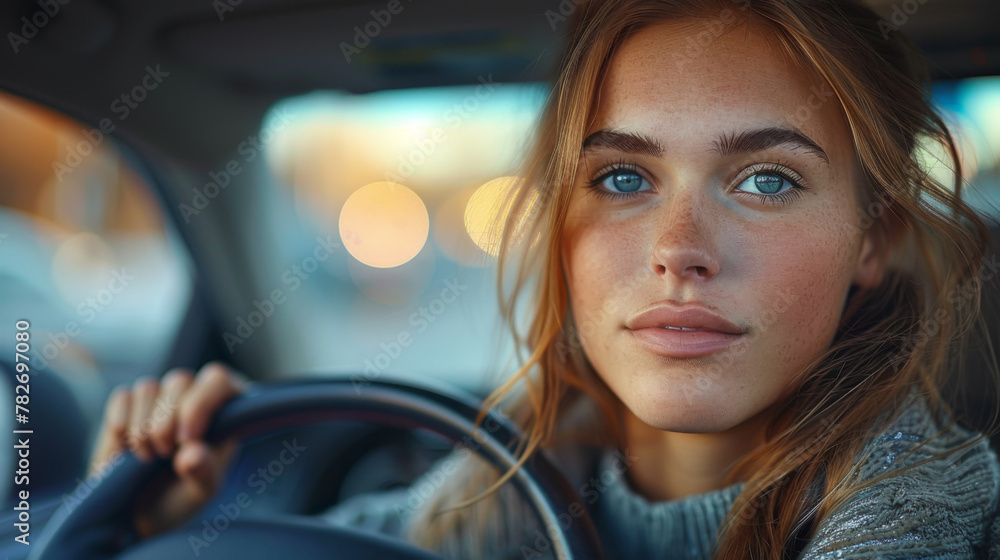 Woman, car and driver with a city road traveling to work and job. Young female person, driving journey and transportation travel in a vehicle on urban route in traffic downtown with transport Woman, car and driver with a city road traveling to work and job. Young female person, driving journey and transportation travel in a vehicle on urban route in traffic downtown with transport