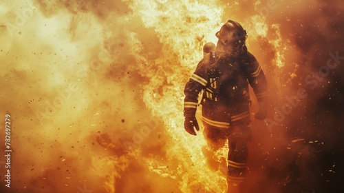 A firefighter emerging from a smoky, intense fire